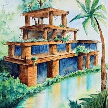 Peinture intitulée "Sunken temple" par Nataliya Gulina, Œuvre d'art originale, Aquarelle