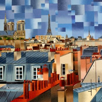 제목이 "VUE SUR NOTRE DAME…"인 미술작품 Jean Rougerie로, 원작, 기름 나무 들것 프레임에 장착됨