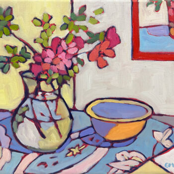 Painting titled "Vibrant Red Azaela's" by Catherine J. Martzloff, Original Artwork, Oil Mounted on Wood Stretcher frame