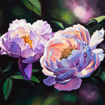 Painting titled "Pink and white peon…" by Lucia Verdejo, Original Artwork, Oil Mounted on Wood Panel