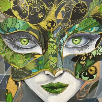 绘画 标题为“Green mask” 由Larisa Robins, 原创艺术品, 丙烯 安装在木质担架架上
