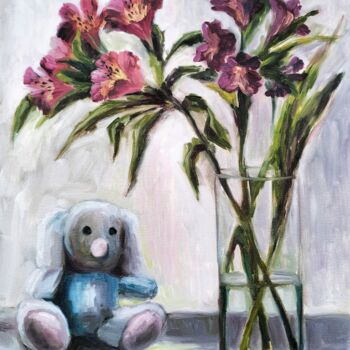 Painting titled "Bouquet, glass, toy" by Olena Kucher, Original Artwork, Oil Mounted on Wood Stretcher frame