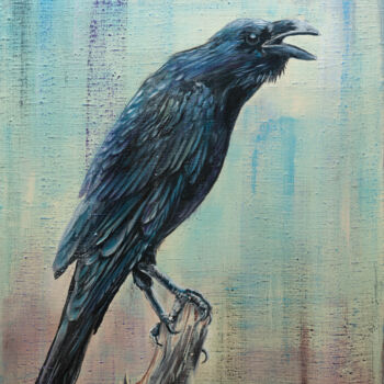 「Raven on a branch」というタイトルの絵画 Alexandr Karpovによって, オリジナルのアートワーク, アクリル ウッドストレッチャーフレームにマウント
