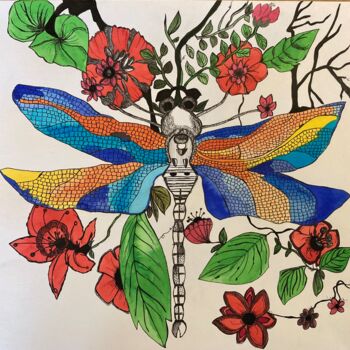 Peinture intitulée "Libellule" par Cha.Albrt, Œuvre d'art originale, Encre