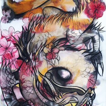 Painting titled "Japanese Dragon" by Olga Brink Art, Original Artwork, Watercolor