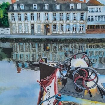 Painting titled "Péniche dans le por…" by Pascale Alloncle, Original Artwork, Watercolor