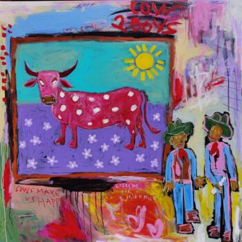 Painting titled "Cow and two cowboys" by Berez, Original Artwork, Acrylic Mounted on Wood Stretcher frame