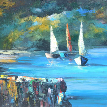 Painting titled "Sailboats in Repose" by Arto Mkrtchyan, Original Artwork, Oil Mounted on Wood Stretcher frame