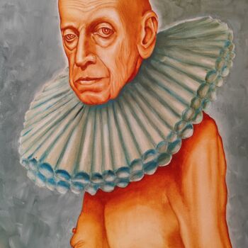 Painting titled "Clown Grock. "Letzt…" by Marat Isakowitsch, Original Artwork, Oil Mounted on Wood Stretcher frame