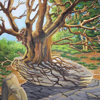 Peinture intitulée "Arbre sur un rocher" par Nathalie Choury, Œuvre d'art originale, Huile Monté sur Châssis en bois
