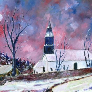 「Snow in Our Belgium」というタイトルの絵画 Pol Ledentによって, オリジナルのアートワーク, オイル ウッドストレッチャーフレームにマウント