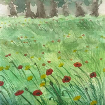 Peinture intitulée "Poppy Field" par Elaine Mifsud, Œuvre d'art originale, Aquarelle