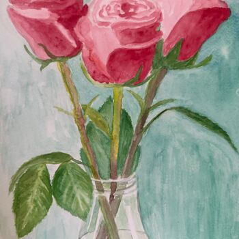 Peinture intitulée "Red roses in a vase" par Elaine Mifsud, Œuvre d'art originale, Aquarelle