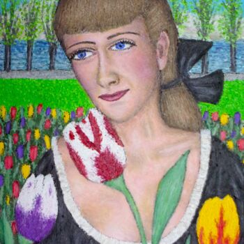 绘画 标题为“Tulip Girl” 由Stephen Warde Anderson, 原创艺术品, 丙烯 安装在木板上
