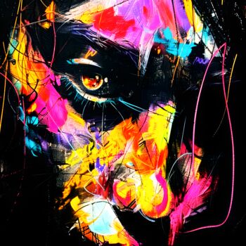Digital Arts titled "Énigme Violet-Jaune" by Frédéric Font (Chroma), Original Artwork, Digital Painting Mounted on Wood Stre…