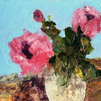 「Pink Flowers On Blu…」というタイトルの絵画 Lena Ruによって, オリジナルのアートワーク, アクリル