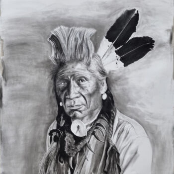 Dessin intitulée "chief weasel" par Josef Hirthammer, Œuvre d'art originale, Fusain Monté sur Châssis en bois
