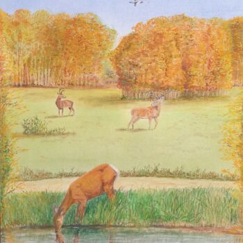 图画 标题为“Les cervidés - Au f…” 由Eric Audry, 原创艺术品, 粉彩
