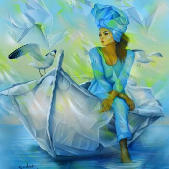 Peinture intitulée "Fragile esquif..." par Jeannette Guichard-Bunel, Œuvre d'art originale, Huile Monté sur Châssis en bois