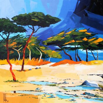 Peinture intitulée "Grève aux pins" par Pierrick Tual, Œuvre d'art originale, Huile