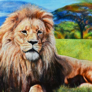 Painting titled "The king of beasts" by Sergey Suslov, Original Artwork, Oil Mounted on Wood Stretcher frame