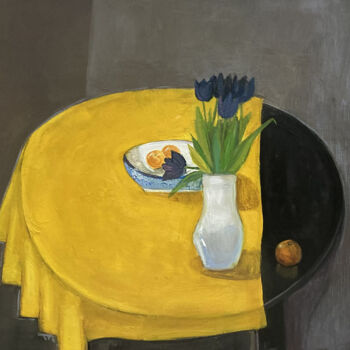 绘画 标题为“Tulips on a Yellow…” 由Arman Hayrapetyan, 原创艺术品, 油 安装在木质担架架上