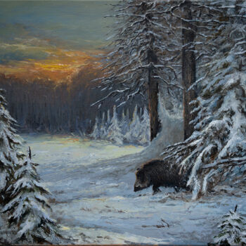 Peinture intitulée "Grudniowy zachód sł…" par Michał Nowakowski, Œuvre d'art originale, Huile Monté sur Châssis en bois