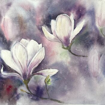 Painting titled "Magnolias" by Liliya Khomyakova (Artelida), Original Artwork, Watercolor