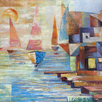 Painting titled "Sunset Sails" by Arto Mkrtchyan, Original Artwork, Oil Mounted on Wood Stretcher frame