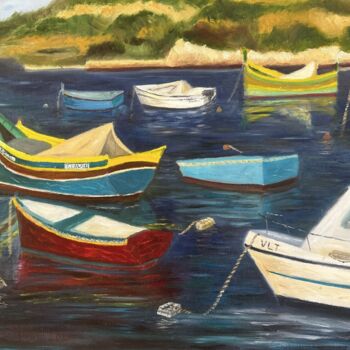Peinture intitulée "Boats at Marsaxlokk…" par Elaine Mifsud, Œuvre d'art originale, Huile Monté sur Carton