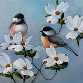 Painting titled "Bird Pair with Whit…" by Sergey Miqayelya, Original Artwork, Oil Mounted on Wood Stretcher frame