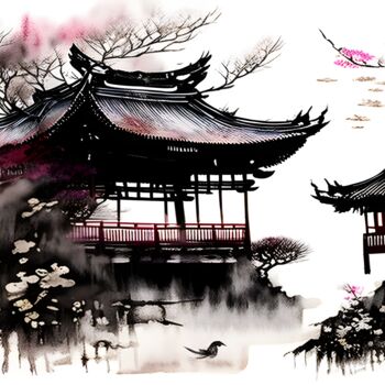 绘画 标题为“Беседка в саду” 由Dmitriy T, 原创艺术品, 墨 安装在铝上