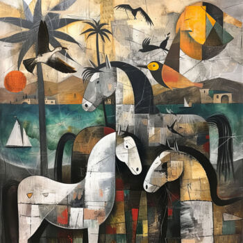 Malerei mit dem Titel "Horses on the Beach…" von Angelo Makula, Original-Kunstwerk, Acryl