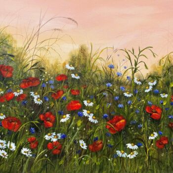 Painting titled "Red poppies field" by Tanja Frost, Original Artwork, Acrylic
