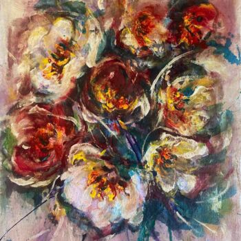 Painting titled "Flowers at sunset" by Oksana Almiz, Original Artwork, Acrylic Mounted on Wood Stretcher frame