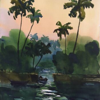 Ζωγραφική με τίτλο "Twilight mooring in…" από Prashant Prabhu, Αυθεντικά έργα τέχνης, Ακουαρέλα