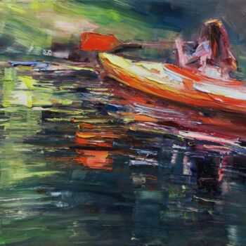 Painting titled "Down the river XII" by Marta Lipowska, Original Artwork, Oil Mounted on Wood Stretcher frame