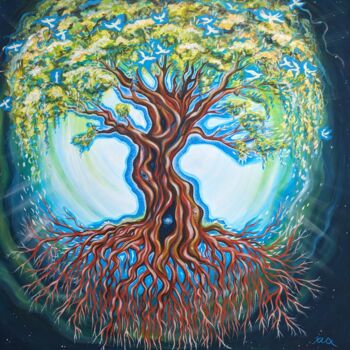 Painting titled "Friedensbaum" by Andrea Kux, Original Artwork, Acrylic Mounted on Wood Stretcher frame
