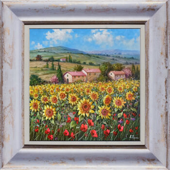 Malarstwo zatytułowany „Sunflowers in bloom…” autorstwa Raimondo Pacini, Oryginalna praca, Olej Zamontowany na Drewniana ram…