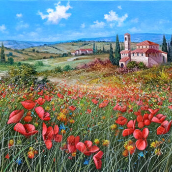 Malarstwo zatytułowany „Field of colorful f…” autorstwa Raimondo Pacini, Oryginalna praca, Olej Zamontowany na Drewniana ram…