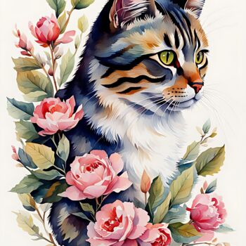 제목이 "A cat in flowers #1"인 디지털 아트 Anna Russo로, 원작, 2D 디지털 작업