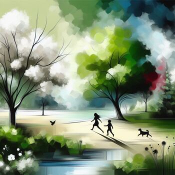 제목이 "Spring family"인 미술작품 Stéphanie Roussel로, 원작, 에어 브러시 나무 들것 프레임에 장착됨