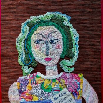 Textilkunst mit dem Titel "Elisa" von Apignat, Original-Kunstwerk, Stickerei Auf Holzplatte montiert