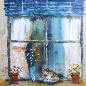 Peinture intitulée "Le Chat à la fenêtre" par Axelle Bosler, Œuvre d'art originale, Huile Monté sur Châssis en bois