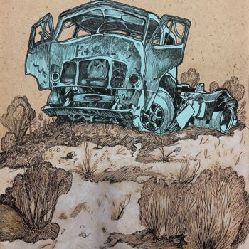 Σχέδιο με τίτλο "''Abandoned car''3" από Raffi Ghazaryan, Αυθεντικά έργα τέχνης, Γέλη στυλό Τοποθετήθηκε στο Χαρτόνι