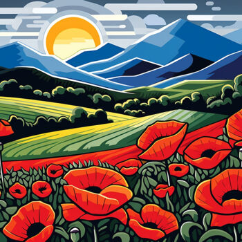 Painting titled "Poppy field" by Kosta Morr, Original Artwork, Acrylic Mounted on Wood Stretcher frame