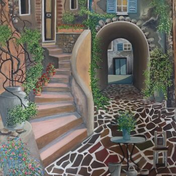 Peinture intitulée "Terrasse provençale" par Nathalie Choury, Œuvre d'art originale, Huile Monté sur Châssis en bois