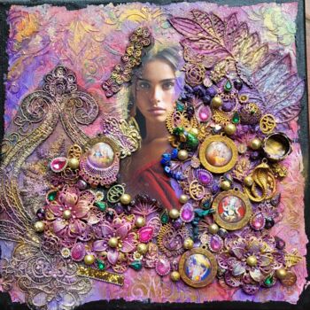 Painting titled "Lady India" by Delphine Sagot, Original Artwork, Collages Mounted on Wood Stretcher frame