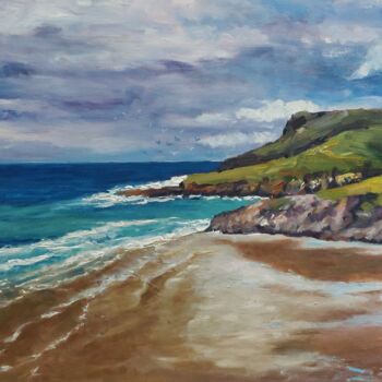 Painting titled "Cornish Coast" by Zoe Norman, Original Artwork, Oil Mounted on Wood Stretcher frame