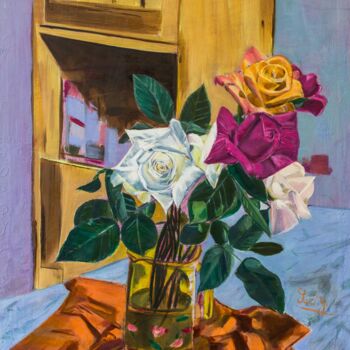 Peinture intitulée "june roses" par Younes Sari, Œuvre d'art originale, Huile Monté sur Châssis en bois